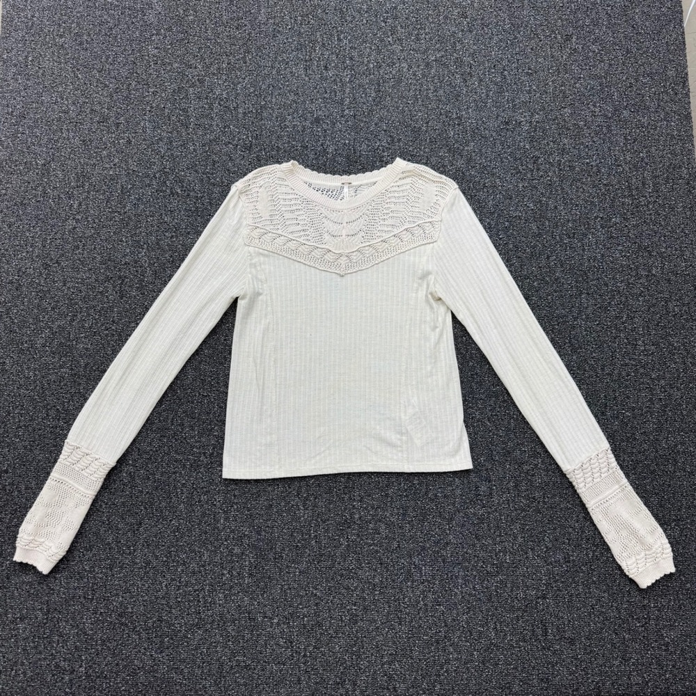 Free People Crochet Lace Ribbed Top Womens XS Cream good boho layering